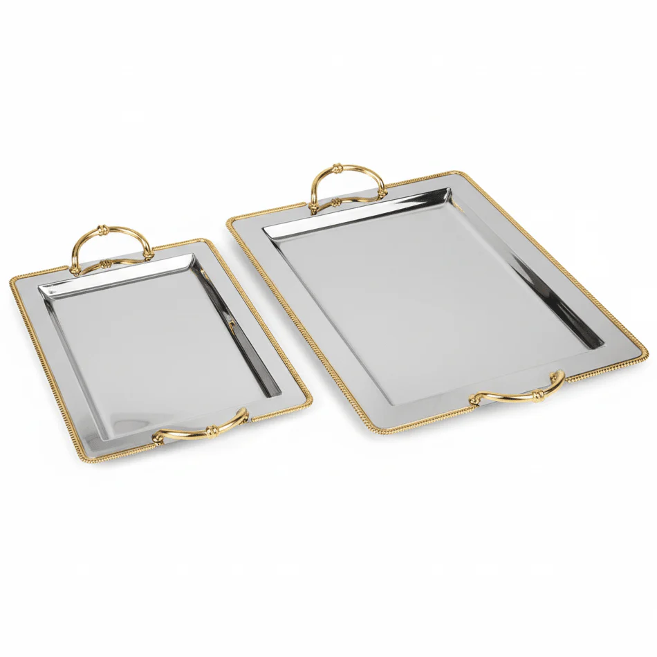 AKDC 2-Piece Rectangular Stainless Steel Serving Tray Set with Golden Border and Handles, Premium Multipurpose Food & Drink Serving Trays – 44 × 34 cm & 36 × 26 cm