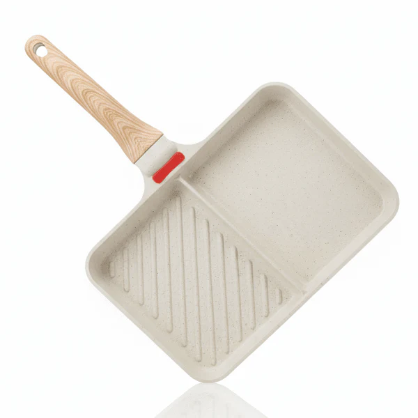 AKDC 2-Section Non-Stick Divided Frying Pan with Wooden Handle – Beige, 25 × 16 cm