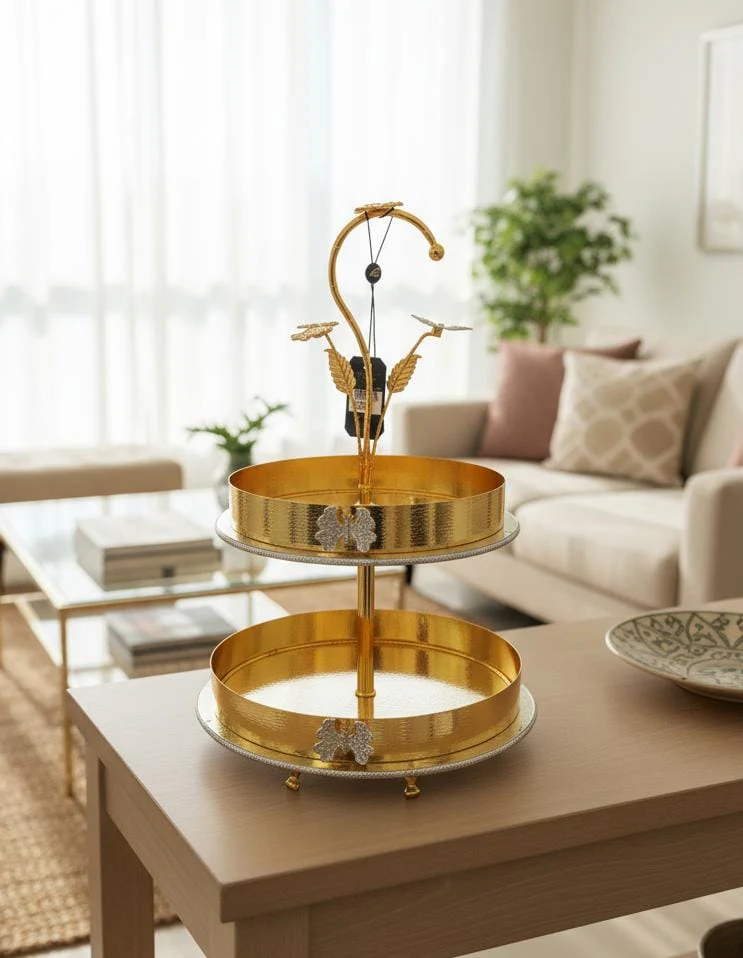 AKDC 2-Tier Gold Oval Serving Tray with Leaf Pattern – Elegant Dessert and Snack Stand for Home, Wedding, or Buffet Decoration 45x34 cm