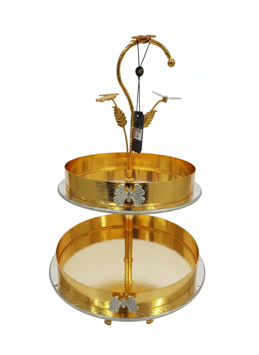 AKDC 2-Tier Gold Oval Serving Tray with Leaf Pattern – Elegant Dessert and Snack Stand for Home, Wedding, or Buffet Decoration 45x34 cm - Image 2