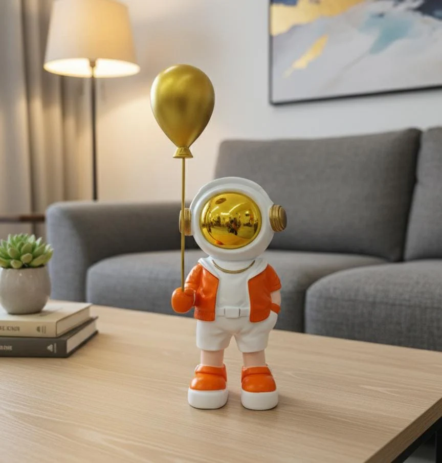 AKDC 20cm Ceramic Astronaut Holding Balloon Décor in White with Orange | Charming Space Sculpture for Home or Office