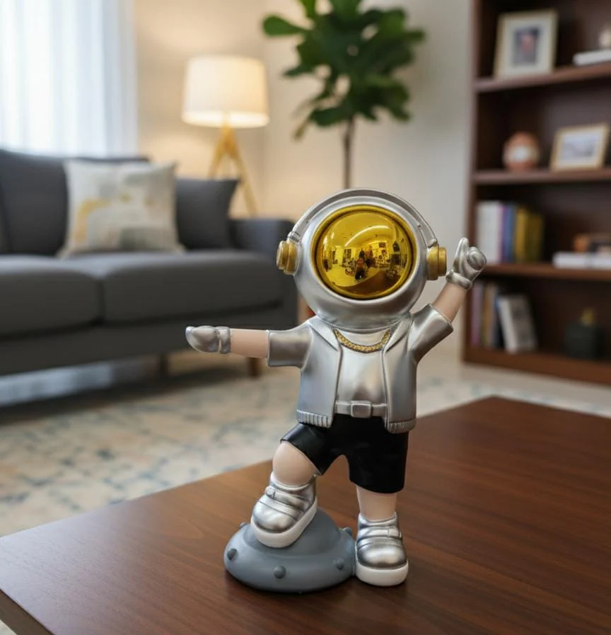 AKDC 21cm Ceramic Astronaut Figurine in Silver with Gold Accents | Luxury Modern Space Décor Sculpture