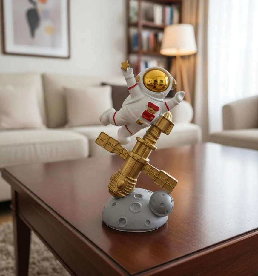 AKDC 22cm Ceramic Astronaut Balancing on Satellite Décor in White with Gold | Futuristic Artistic Home Accent