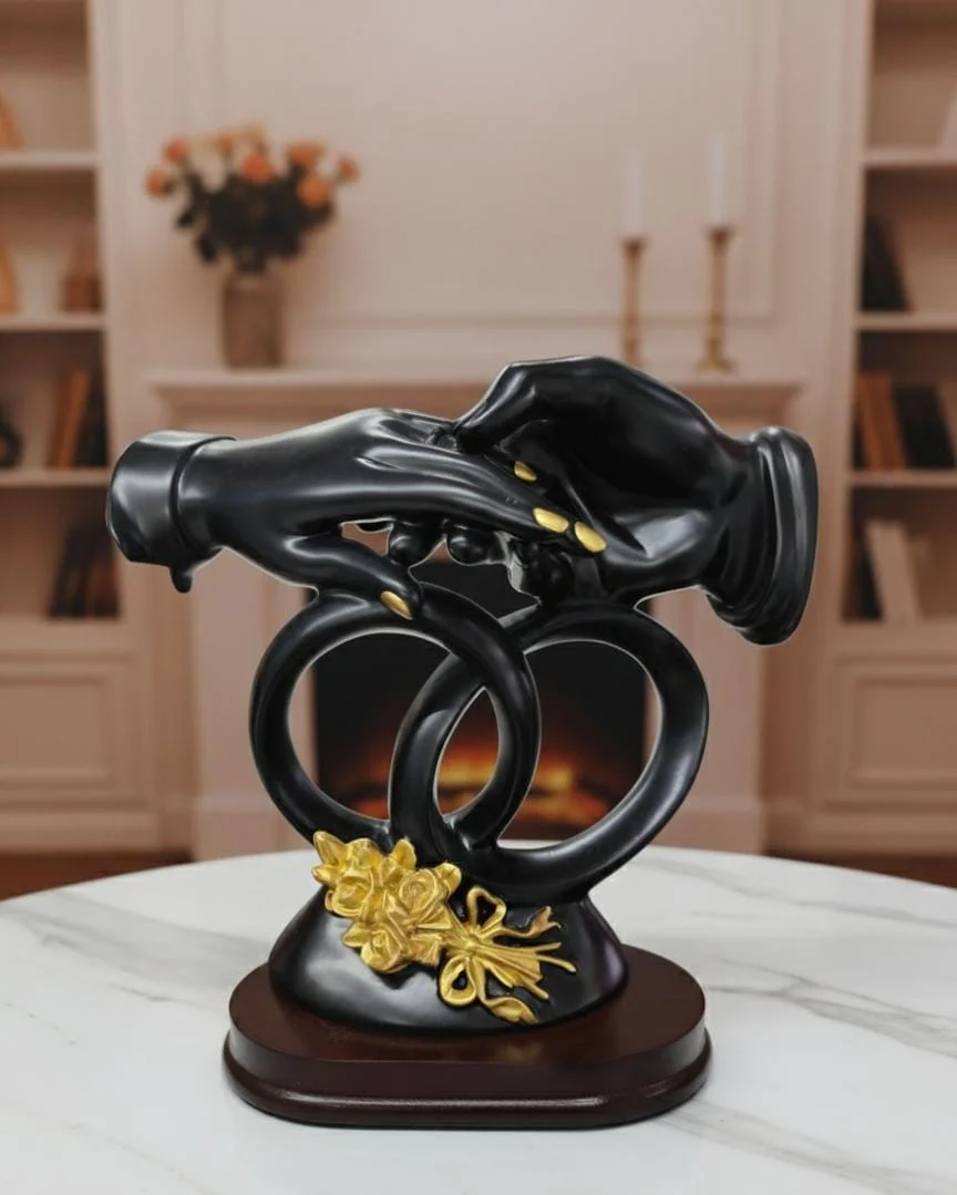 AKDC 23×23cm Ceramic Hands Sculpture in Black with Gold Finish | Stylish Abstract Décor Accent for Living Room