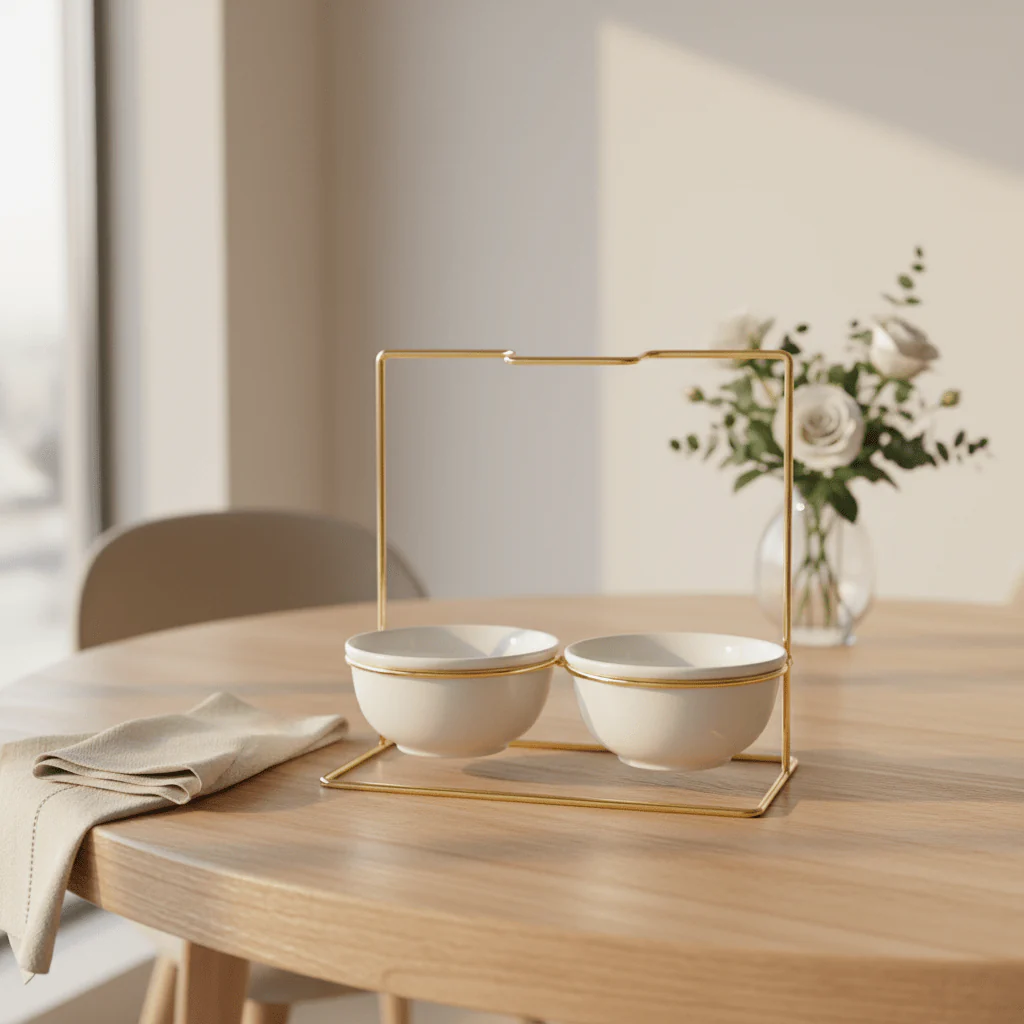 AKDC Dual Ceramic Bowl Set with Gold Stand | White & Gold Serveware 25cm - Image 2