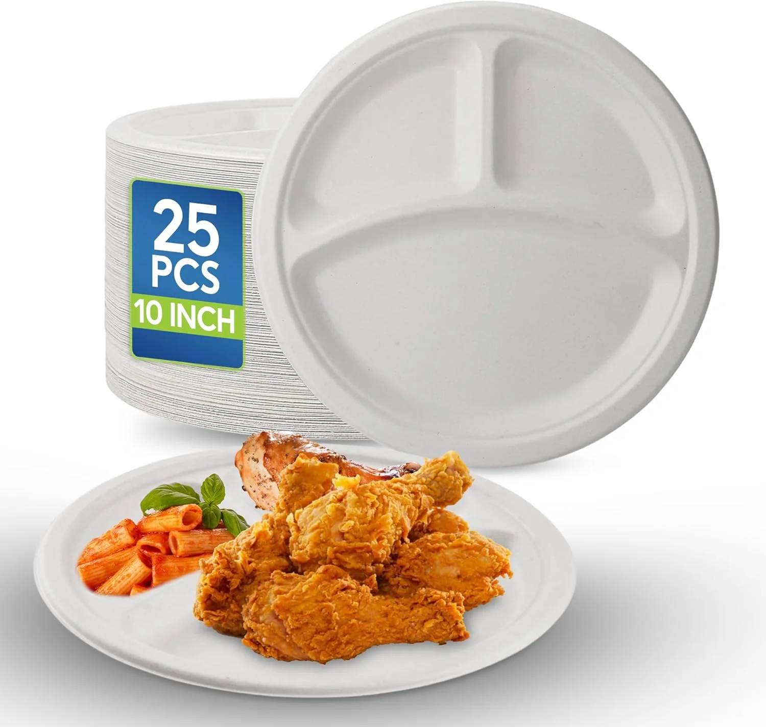AKDC 3-Compartment Sugarcane Pulp Paper Plates 10 Inch – 25 Piece Pack