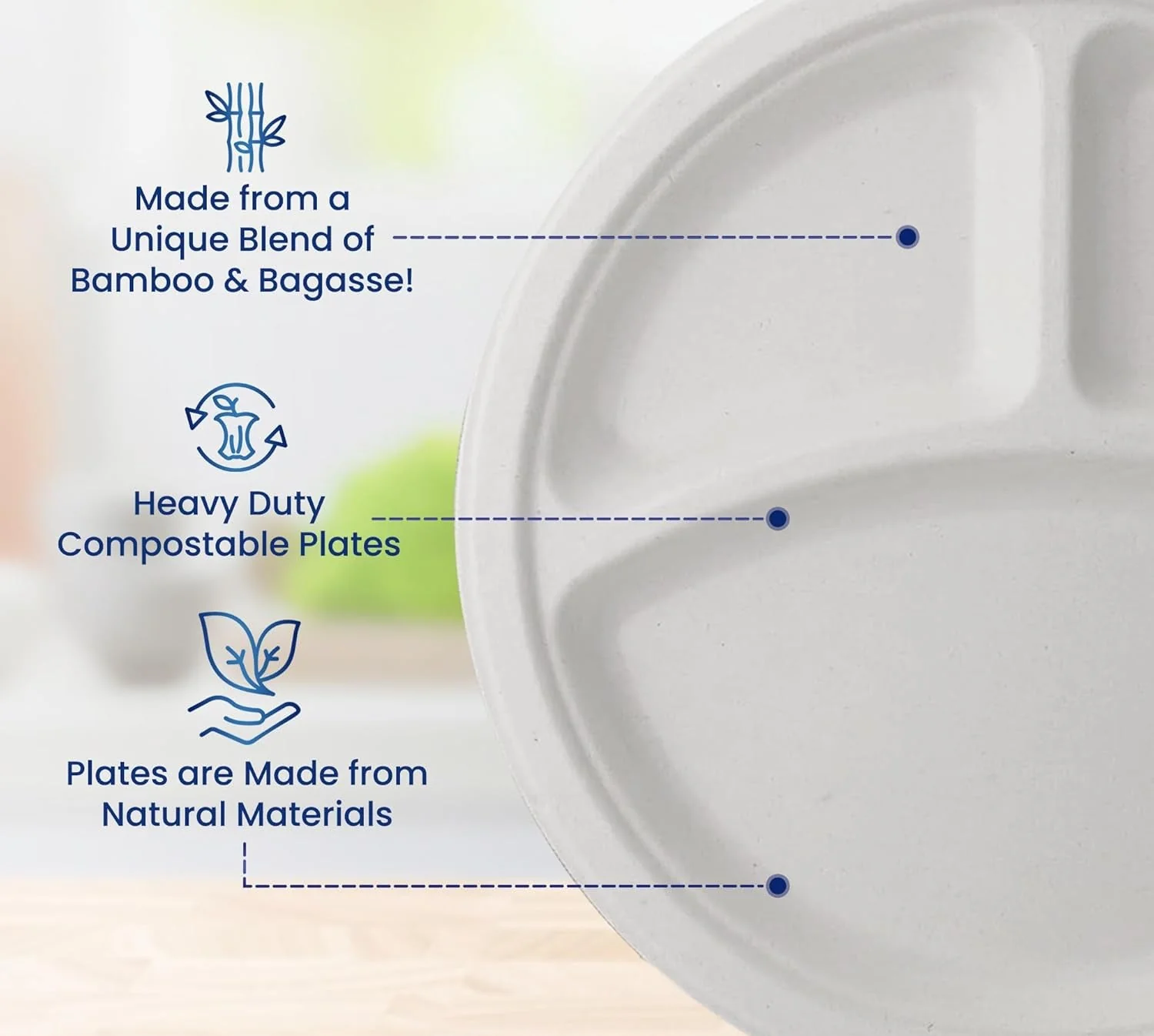 AKDC 3-Compartment Sugarcane Pulp Paper Plates 10 Inch – 25 Piece Pack - Image 3