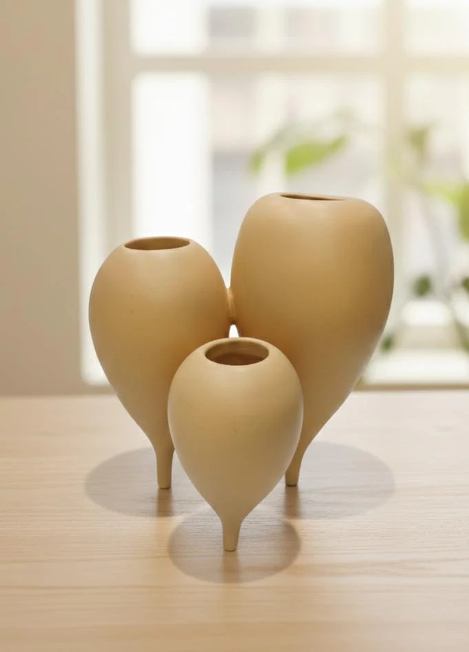 AKDC 3-in-1 Joined Hard Plastic Flower Vase – Unique Trio Vase Set – Sand Color – 30 cm - Image 2