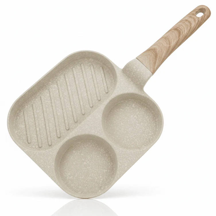 AKDC 3-in-1 Multi-Section Non-Stick Pan with Wooden Handle – Beige, 20 cm