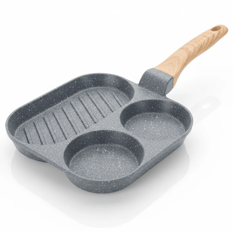 AKDC 3-in-1 Multi-Section Non-Stick Pan with Wooden Handle – Gray, 20 cm