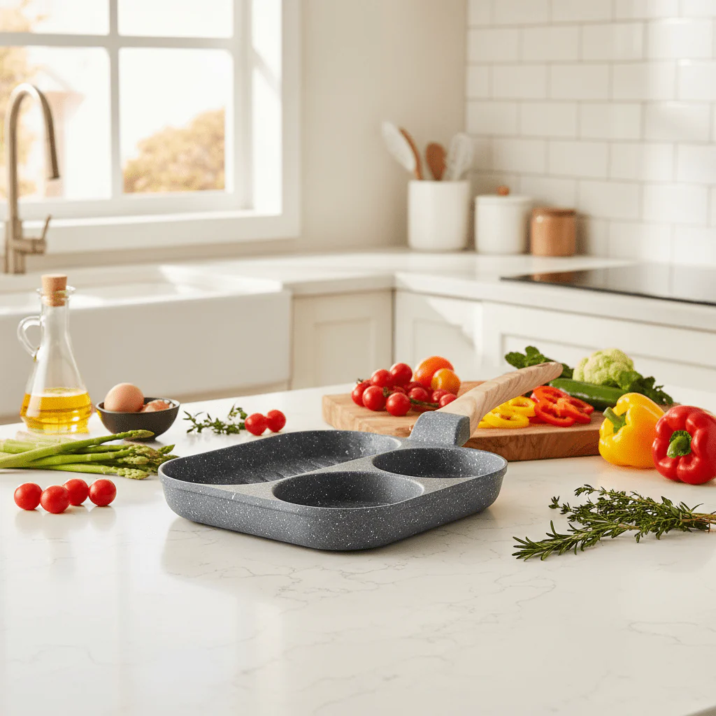 AKDC 3-in-1 Multi-Section Non-Stick Pan with Wooden Handle – Gray, 20 cm - Image 2