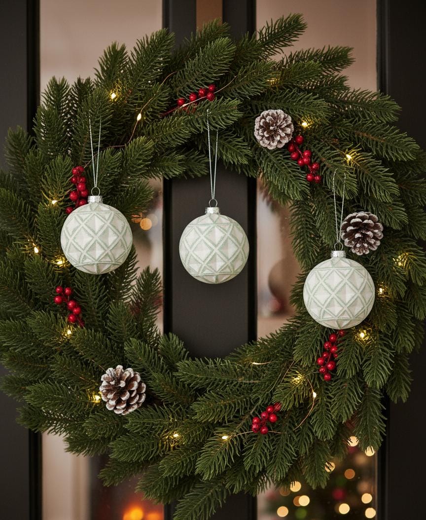 AKDC 3-Piece Gold & White Christmas Hanging Ball Décor with Green Accents – Elegant Holiday Ornament Set