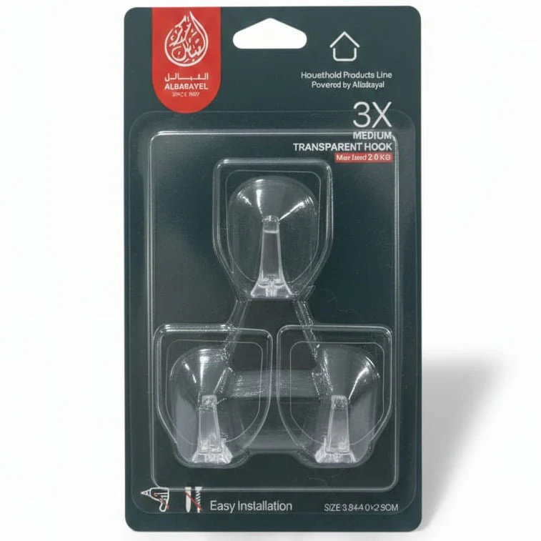 AKDC 3PCS Medium Transparent Removable Adhesive Hooks 3.8×4.6×2.5cm – Clear Strong Wall Sticky Hooks