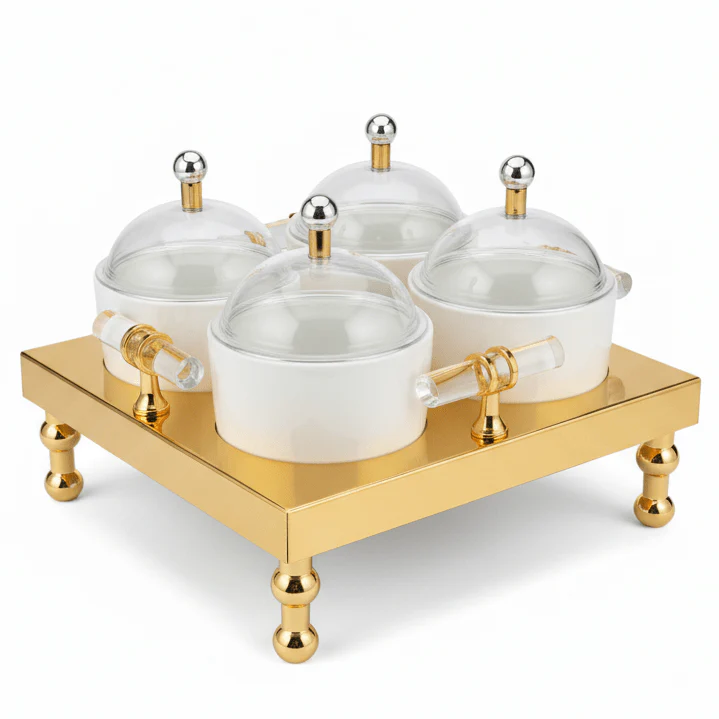 AKDC 4-Piece Candy Pot Set with Gold Metal Stand 30×30 cm Luxury Serving Set for Dates & Chocolates