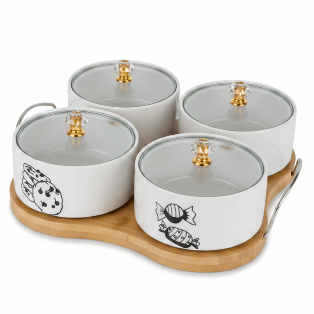 4-Piece White Ceramic Candy Bowl Set with Black Elegant Design, Matching Lids & Bamboo Base – Premium Serving Set (21×21 cm)