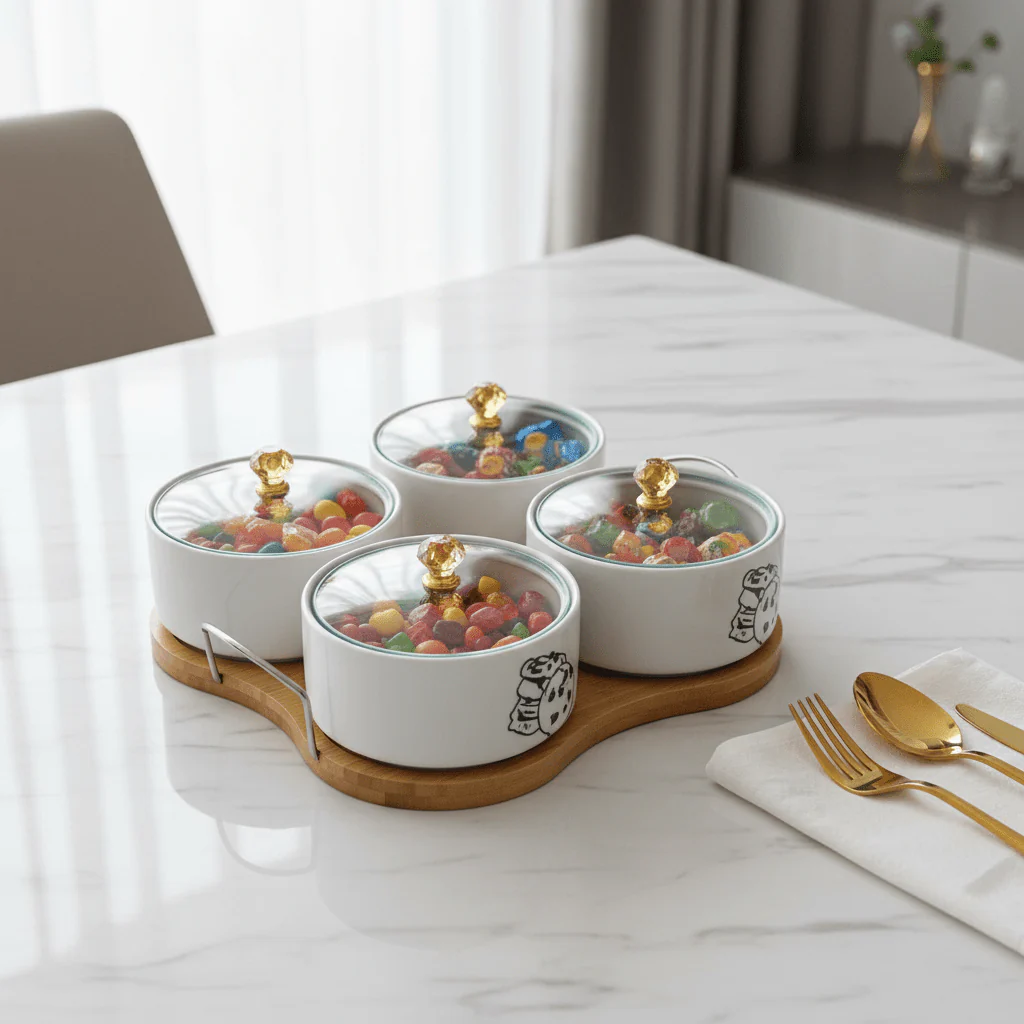 4-Piece White Ceramic Candy Bowl Set with Black Elegant Design, Matching Lids & Bamboo Base – Premium Serving Set (21×21 cm) - Image 3