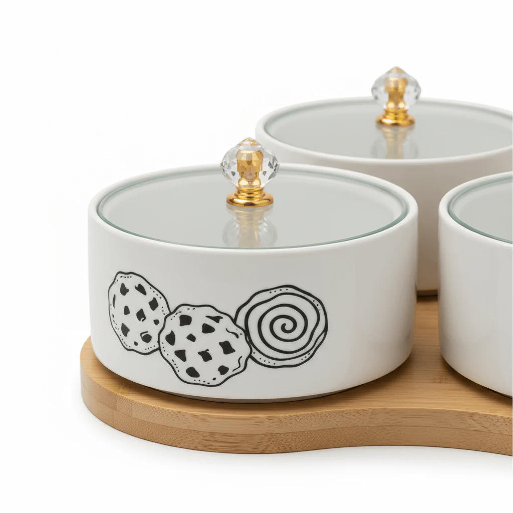 4-Piece White Ceramic Candy Bowl Set with Black Elegant Design, Matching Lids & Bamboo Base – Premium Serving Set (21×21 cm) - Image 4