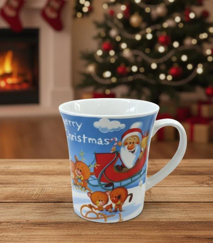 AKDC 400ml Blue & White Ceramic Mug with Santa Claus Design – Stylish Holiday Mug for Coffee & Cocoa