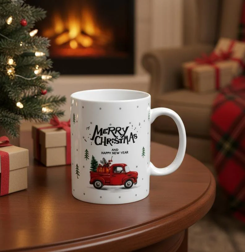 AKDC 400ml Ceramic Mug with Gift Car & Merry Christmas Design – White Holiday Cup for Festive Hot Drinks