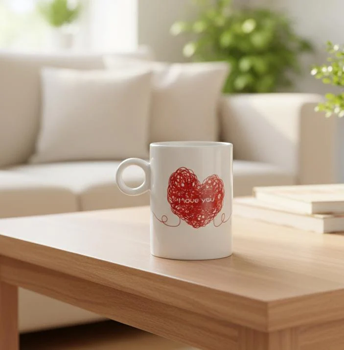 AKDC 400ml White Ceramic Mug with Red Heart Design – Love Edition Mug for Couples, Gifts, and Home Use