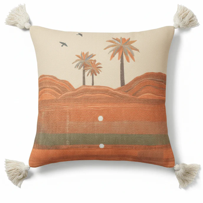 AKDC 43 cm Square Cotton Cushion – Tropical Palm Tree Design Decorative Throw Pillow in Orange-Beige Desert Theme for Living Room or Bedroom