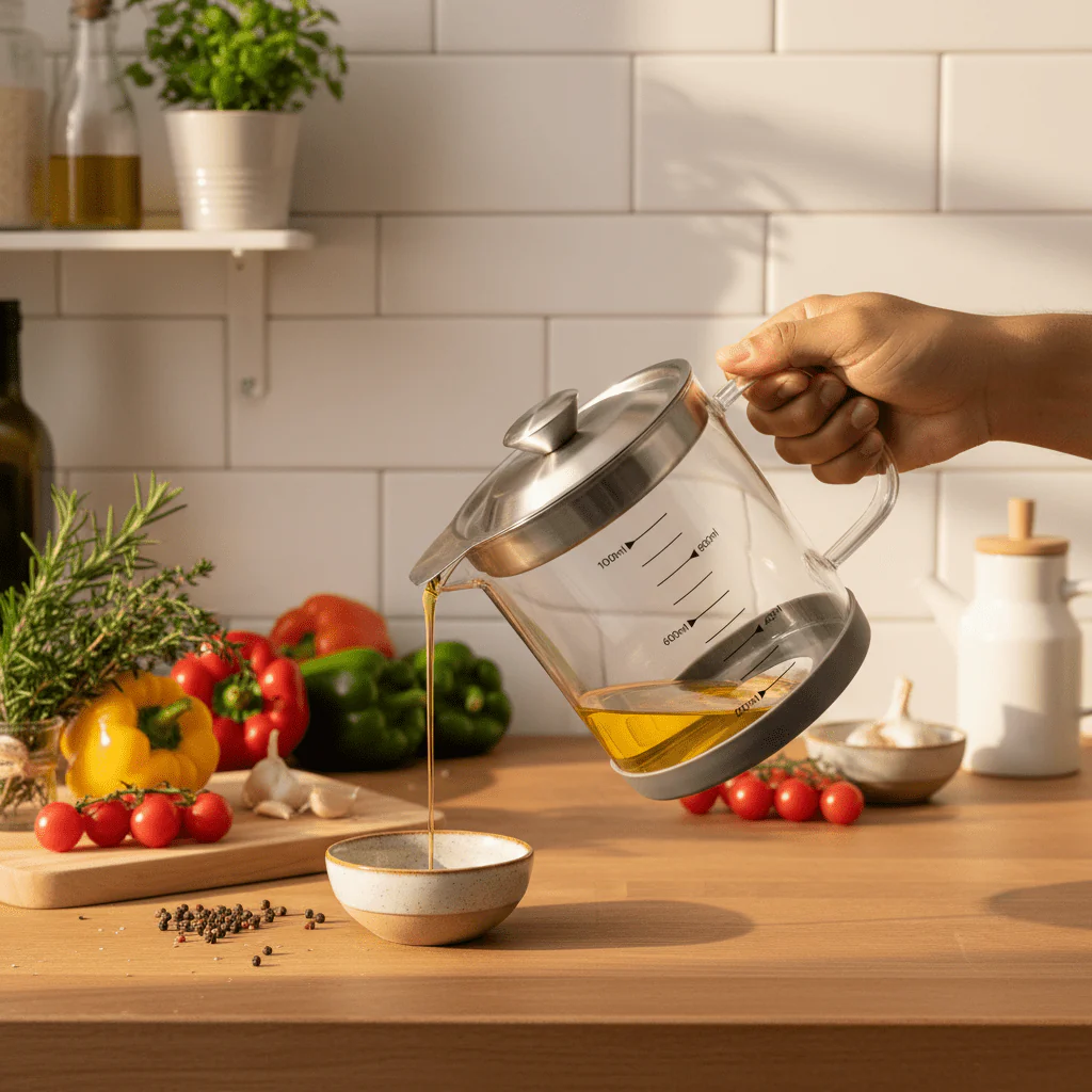 AKDC Advanced Glass Oil Filter Pot with Metal Lid and Anti-Slip Silicone Base for Cooking Oil Storage – 1000ml - Image 2