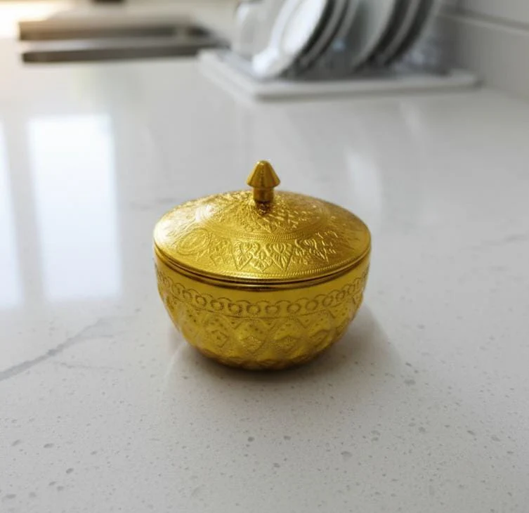 AKDC Aluminium Sugar Bowl – Golden Charm Design | 8 cm Decorative Storage Bowl