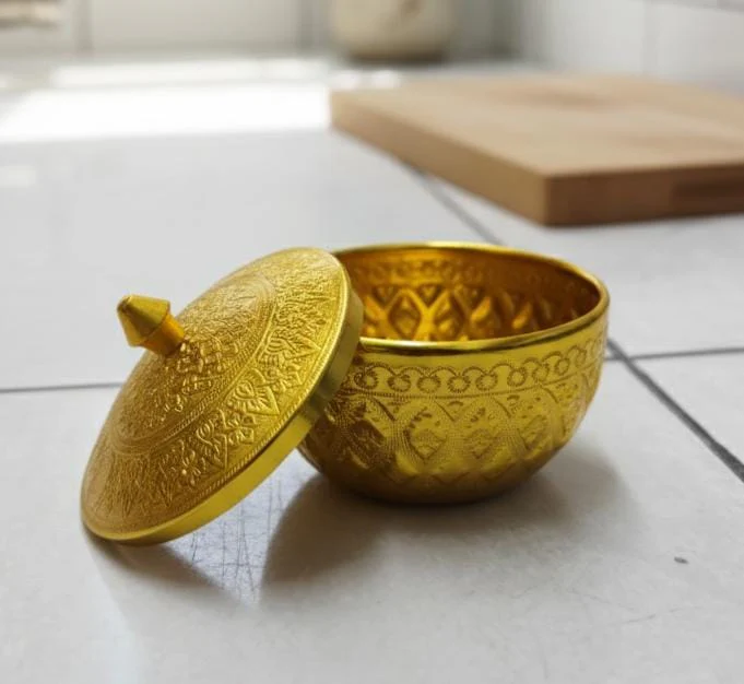 AKDC Aluminium Sugar Bowl – Golden Charm Design | 8 cm Decorative Storage Bowl - Image 2