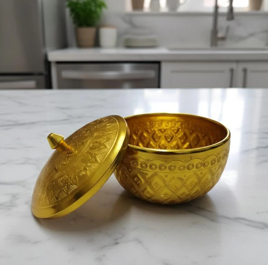 AKDC Aluminium Sugar Bowl – Royal Gold Finish | 10 cm Premium Table Decor - Image 2