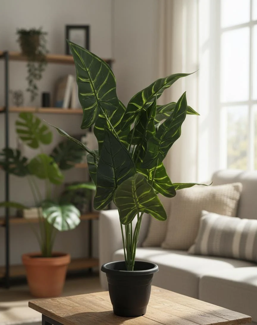 AKDC Artificial Alocasia Potted Plant - Realistic Plastic Leaves in a Sturdy Plastic Pot, No Watering Needed, 54 cm Height,"- Features plastic leaves that authentically mimic the bold, arrow-shaped foliage of real alocasia. - Image 2