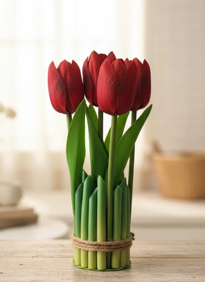 AKDC Artificial Red Tulip Flowers - Vibrant Plastic Blooms, Perfect for Spring-Like Decor Without the Hassle, 20 cm,"- Crafted from plastic to capture the bold, cup-shaped red petals of real tulips. - Image 2