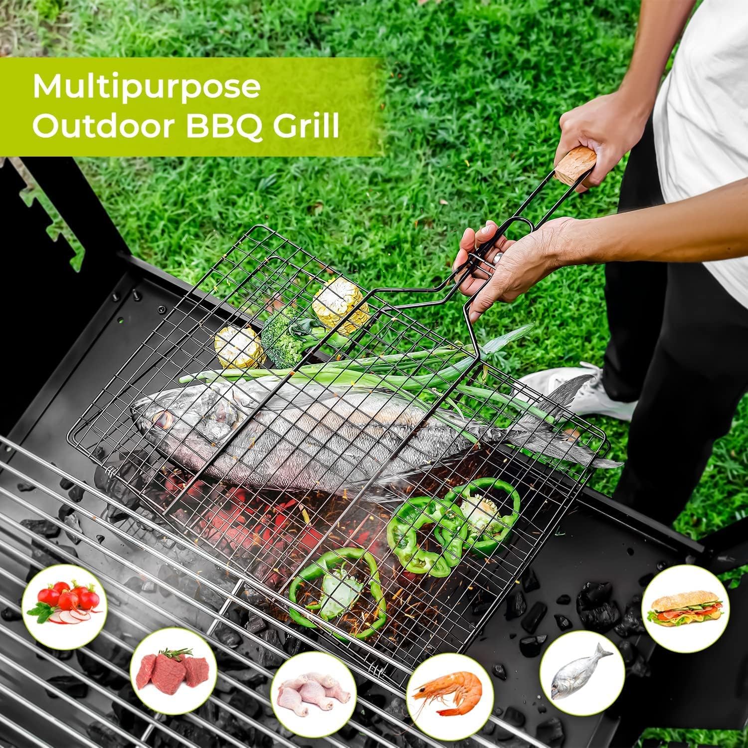 AKDC Barbeque Grill Chromium Plated Iron Wooden Handle, Folding Portable BBQ Grill Basket for Fish Vegetables Shrimp, Larger Grilling Area - Image 3