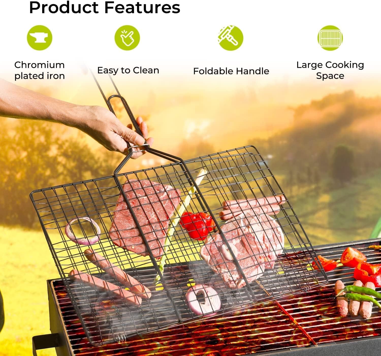AKDC Barbeque Grill Chromium Plated Iron Wooden Handle, Folding Portable BBQ Grill Basket for Fish Vegetables Shrimp, Larger Grilling Area - Image 4