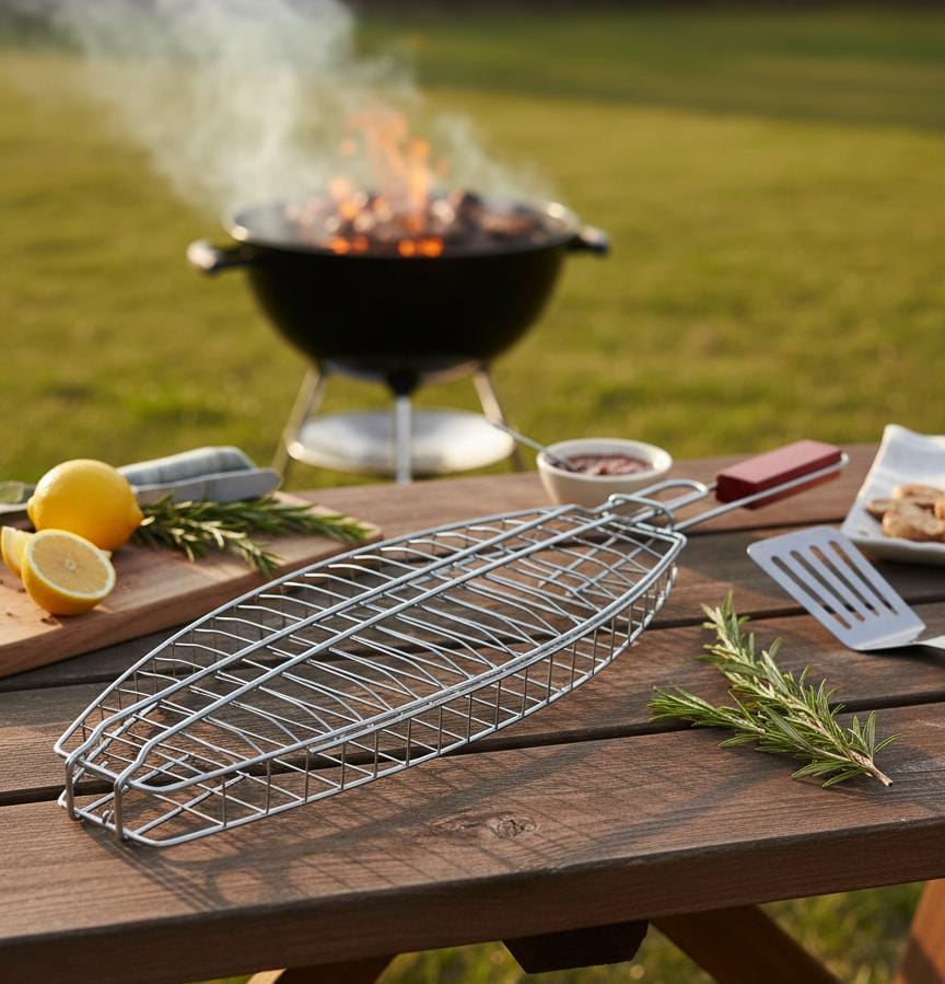 AKDC BBQ Oval Fish Grill 32 × 19 cm – Stainless Steel Folding Basket for Grilling Fish, Meat & Vegetables