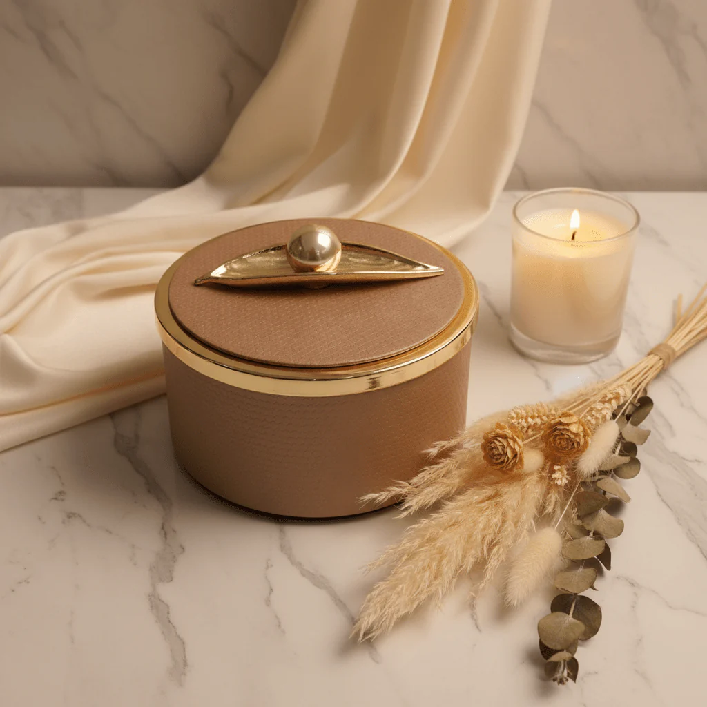 AKDC Beige Metal Candy Box with Faux Leather Finish & Lid – Modern Decorative Storage Box 15×8 cm - Image 2
