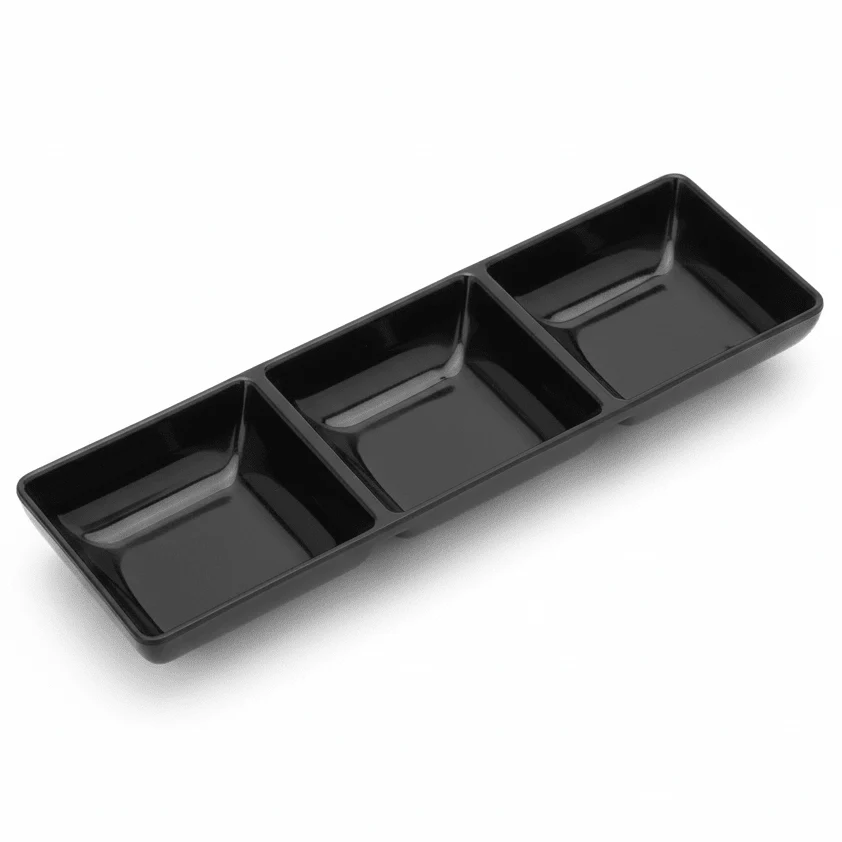 AKDC Black Melamine Rectangle 3 Portion Sauce Bowl 3.5 Inch Stylish Multi Section Sauce Dish
