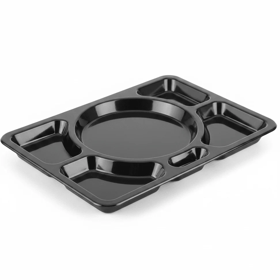 AKDC Black Rectangular Melamine 6 Portion Serving Plate 38 × 28 cm Large Compartment Tray for Thali Service Restaurant and Catering