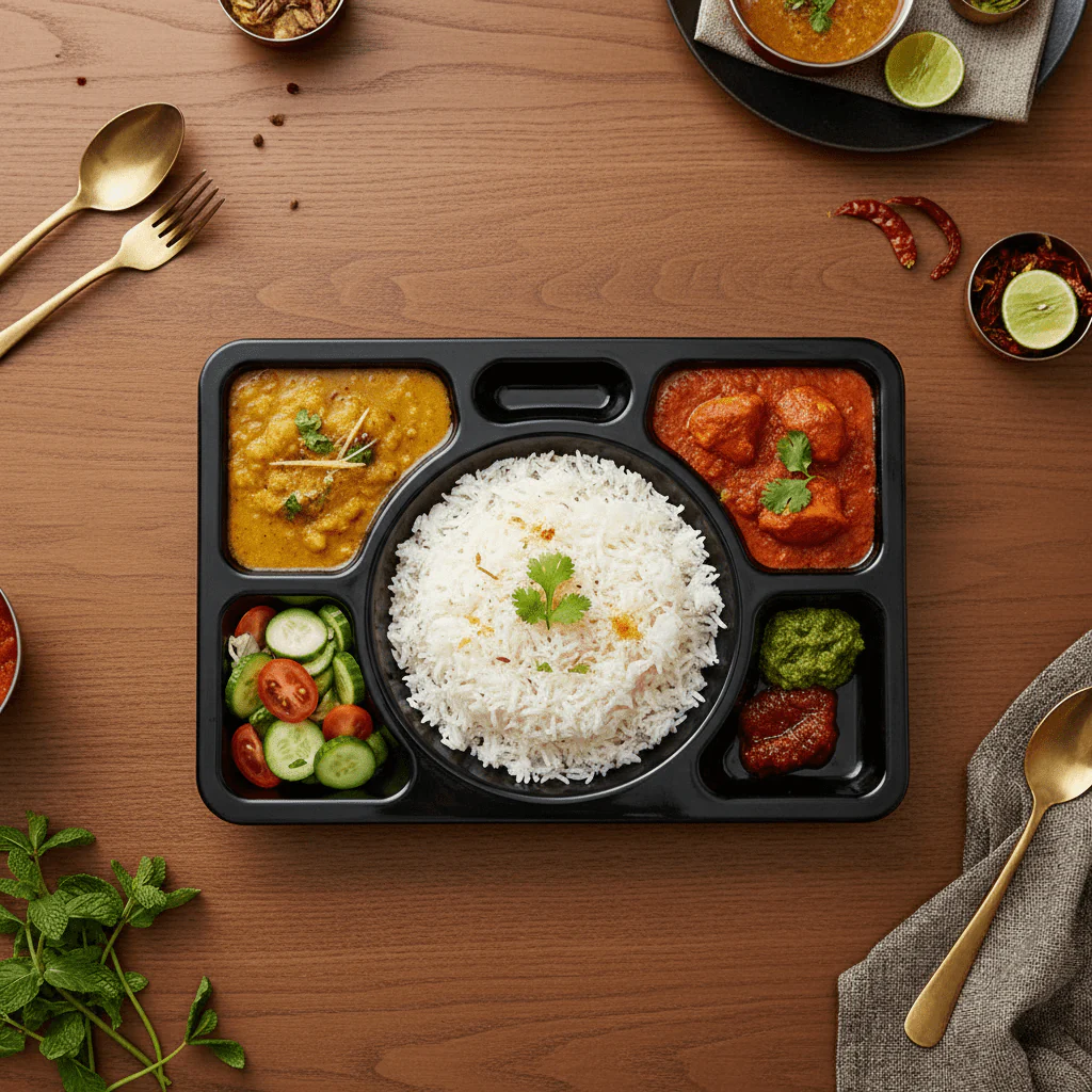 AKDC Black Rectangular Melamine 6 Portion Serving Plate 38 × 28 cm Large Compartment Tray for Thali Service Restaurant and Catering - Image 2