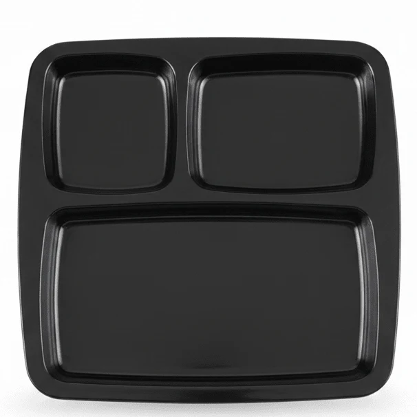 AKDC Black Square Melamine 3 Portion Serving Plate 23.5 × 23.5 cm Heavy Duty Food Grade Section Plate for Dining and Catering