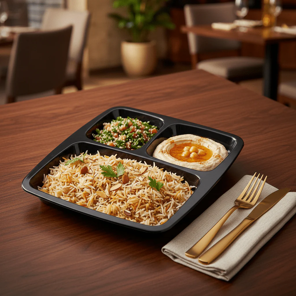 AKDC Black Square Melamine 3 Portion Serving Plate 23.5 × 23.5 cm Heavy Duty Food Grade Section Plate for Dining and Catering - Image 2