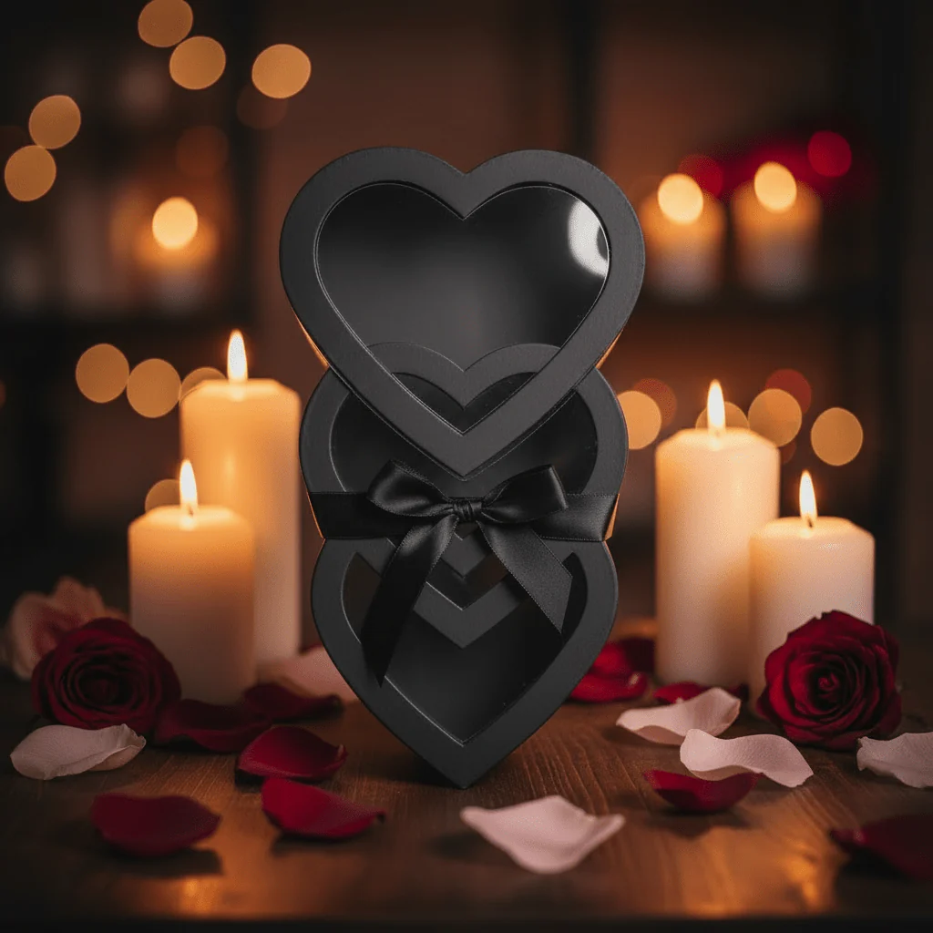 AKDC Black Triple Heart Cardboard Gift Box with Transparent Lid for Premium Gift Hampers, Romantic Occasions & Luxury Packaging – 45×20×10 cm - Image 2