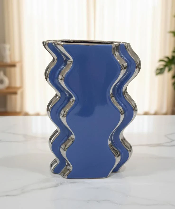 AKDC Blue & Silver Decorative Flower Vase 19cm – Elegant Ceramic-Style Plastic Vase for Artificial or Fresh Flowers, Ideal for Home & Office Decor