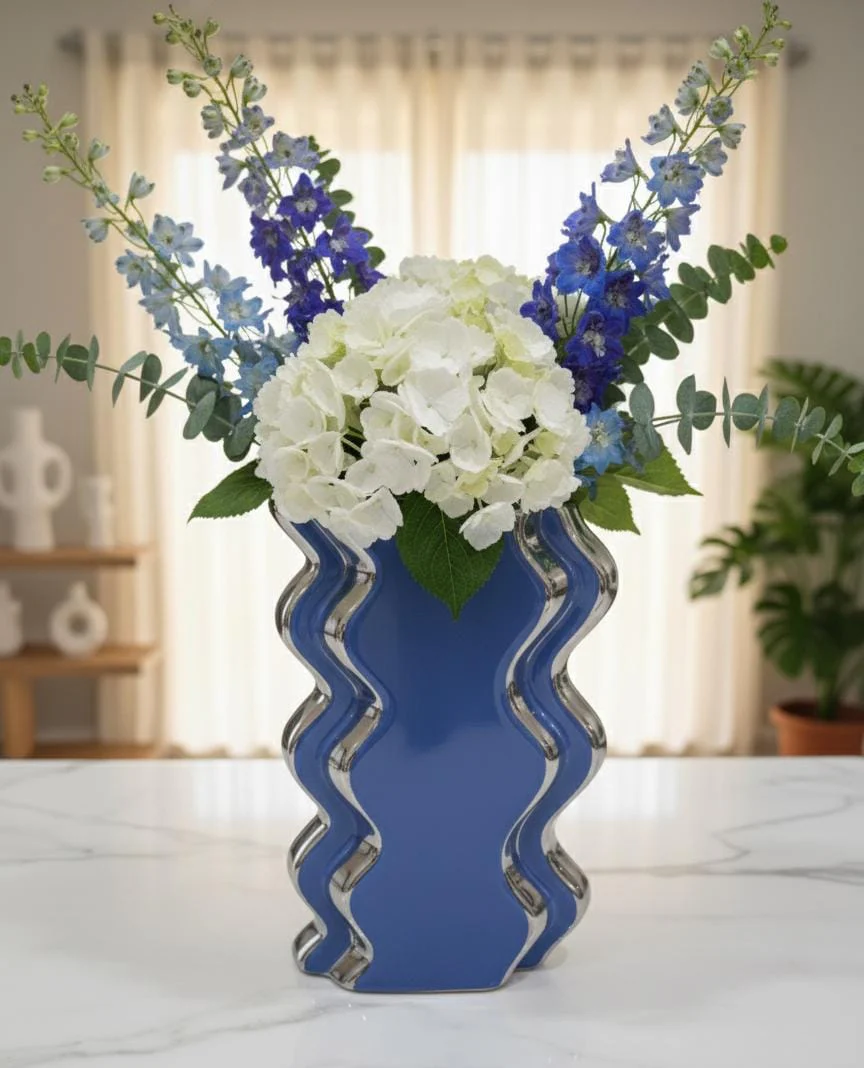 AKDC Blue & Silver Decorative Flower Vase 19cm – Elegant Ceramic-Style Plastic Vase for Artificial or Fresh Flowers, Ideal for Home & Office Decor - Image 2