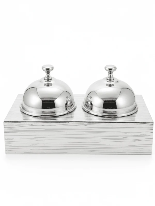 AKDC Candy Bowl Set with Holder (2 Pieces) – Premium Metal Silver Finish, Elegant Tabletop Sweet Serving Set, 17 × 14 × 10 cm