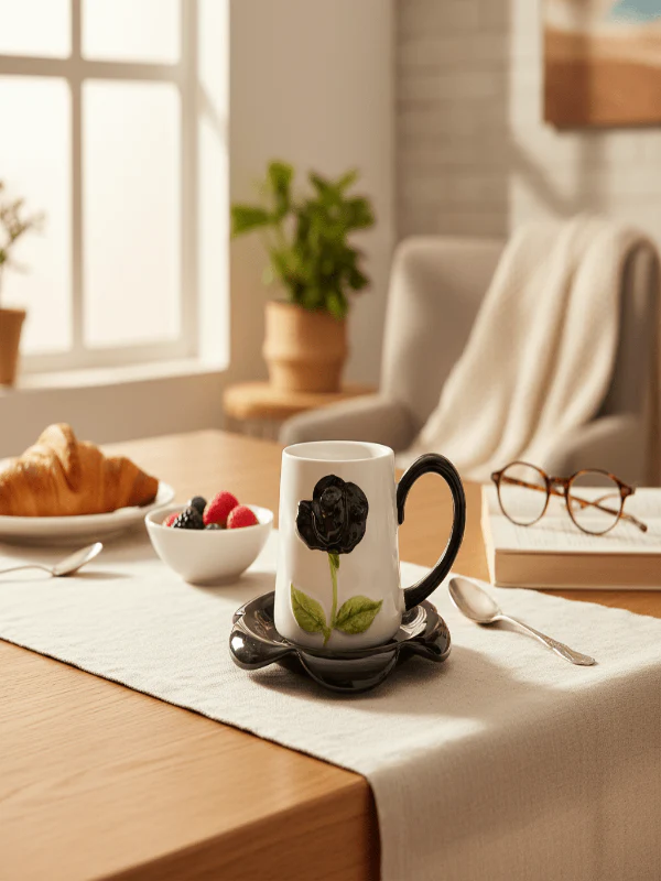 AKDC Ceramic Cup and Saucer Set – Black with White Flower Pattern, 380 ml Coffee & Tea Cup - Image 2
