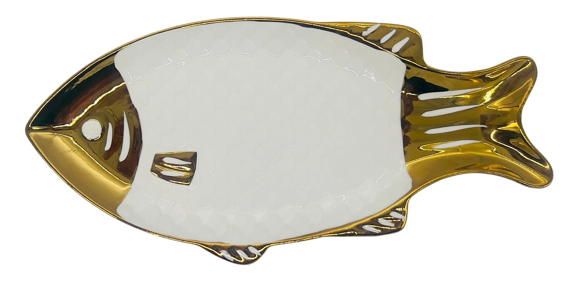 AKDC Ceramic Fish Plate 31cm*14.5cm, White & Gold