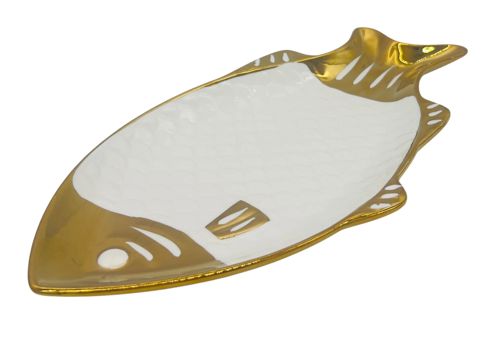 AKDC Ceramic Fish Plate 31cm*14.5cm, White & Gold - Image 2