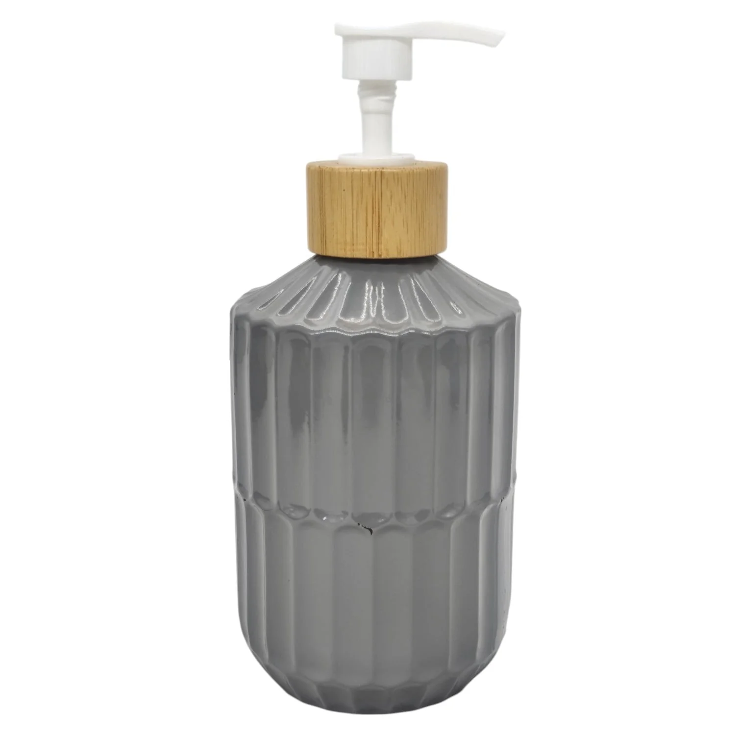 AKDC Ceramic Liquid  Soap Dispenser With Wooden Lid for Bathroom & Kitchen Sink, Dish Soap Dispenser With Easy-to-Press Pump -400ML-Gray&White