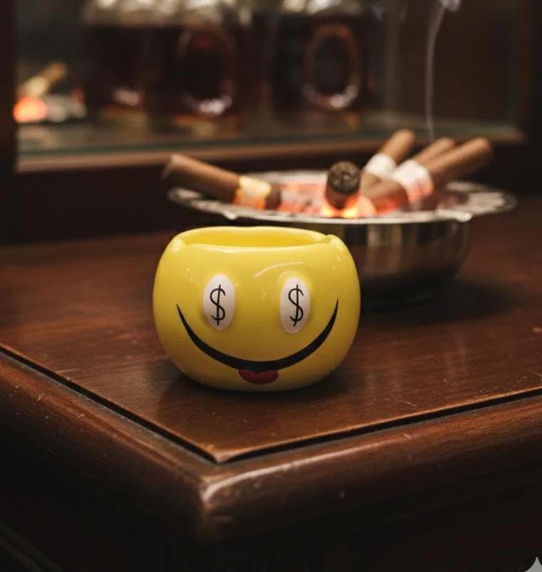 AKDC Ceramic Round Smiley Face Ashtray – Yellow Color with Dollar Eyes Design, Cool Decorative Smoking Tray