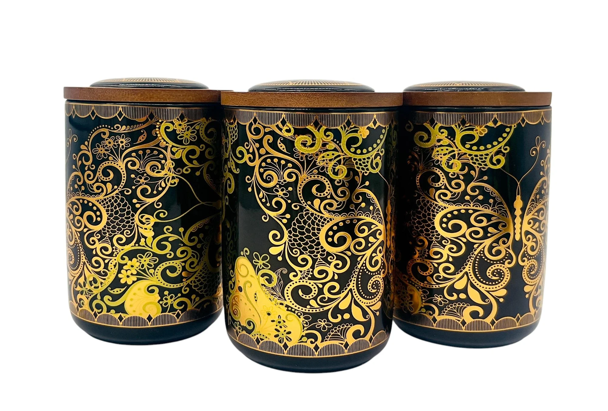 AKDC Ceramic Set of 3 Canister 1 Liter * 3 with a Wooden Lid, Black and Golden Floral Design